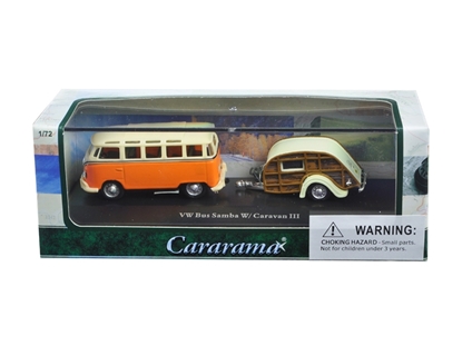 Picture of Cararama Cara12818 Volkswagen Bus Samba Orange With Caravan Iii Trailer In Display Showcase 1/72 Diecast Car Model