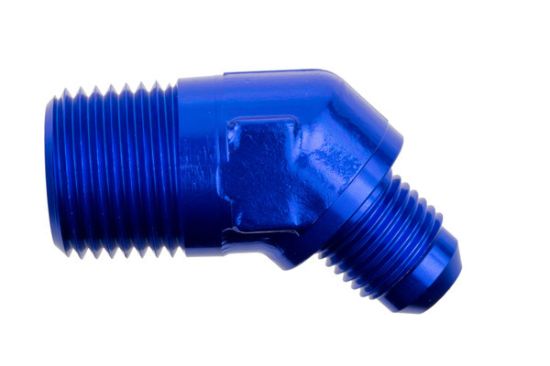 8AN 45Deg Male Adapter to 3/8in NPT Male Blue