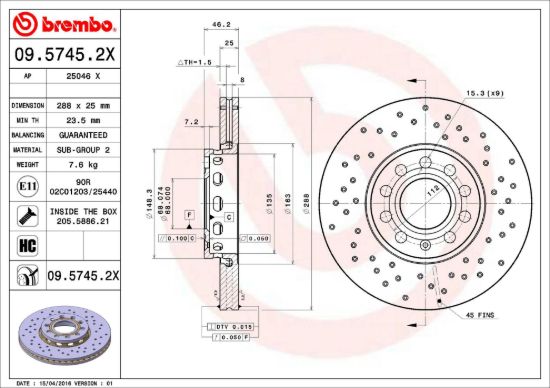 BREMBO DISC BRAKE ROTOR - 0957452X