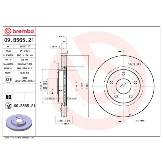 BREMBO DISCBRAKEROTOR VENTEDDISC - 09B56521