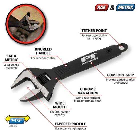 PERFORM TOOL 8' WIDE MOUTH ADJUSTABLE WRENCH - W30622