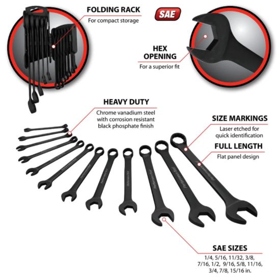 PERFORM TOOL 12 PC. BLACK SAE COMBINATION WRENCH - W1078