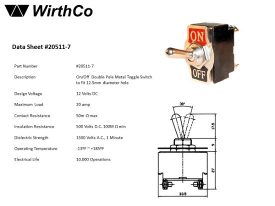 WIRTHCO 12V 20 AMP ON/OFF METAL TOGGLE - 20511