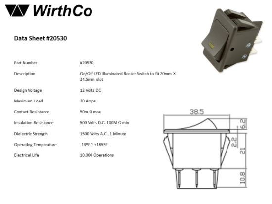WIRTHCO 12V 20 AMP ON/OFF ROCKER WITH O LED - 20530